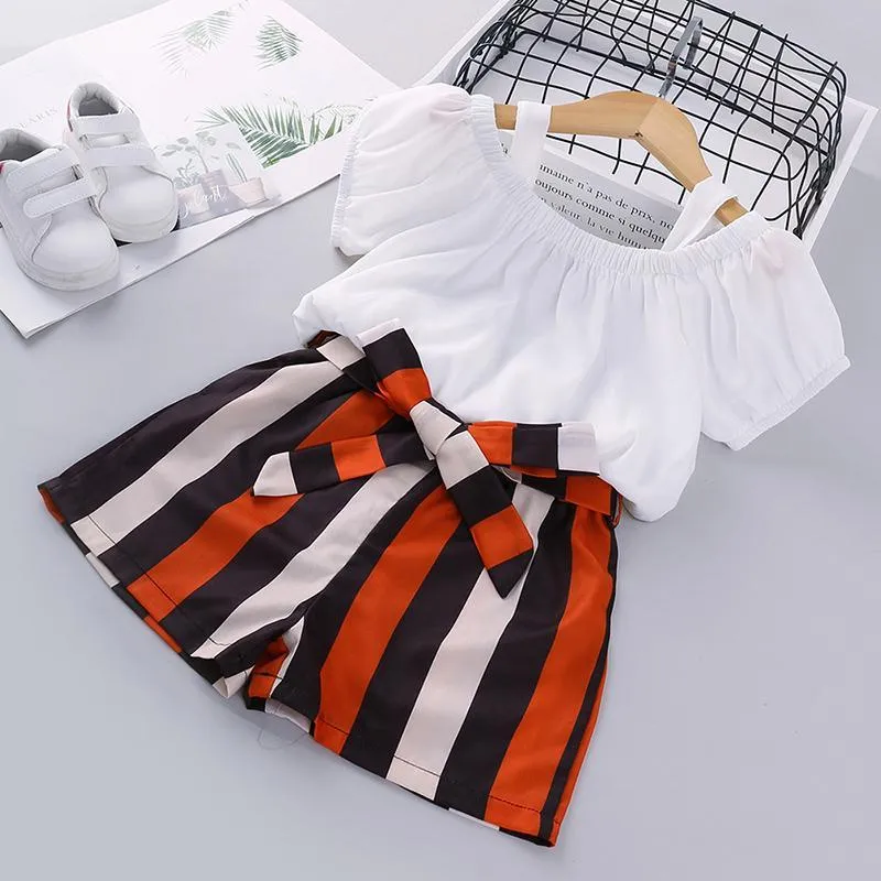 2-piece Sling T-shirt & Striped Shorts for Toddler Girl Wholesale Children's Clothing