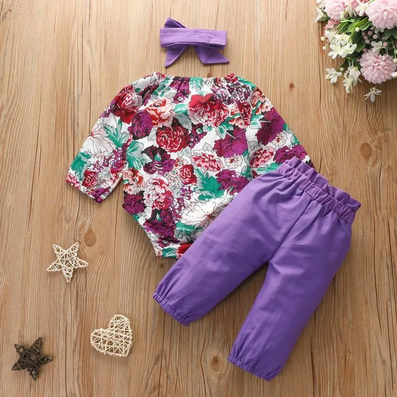 3-piece Floral Printed Bodysuit & Pants & Headband for Baby Girl Wholesale children's clothing