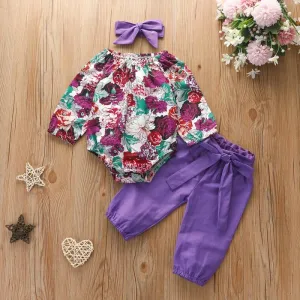 3-piece Floral Printed Bodysuit & Pants & Headband for Baby Girl Wholesale children's clothing