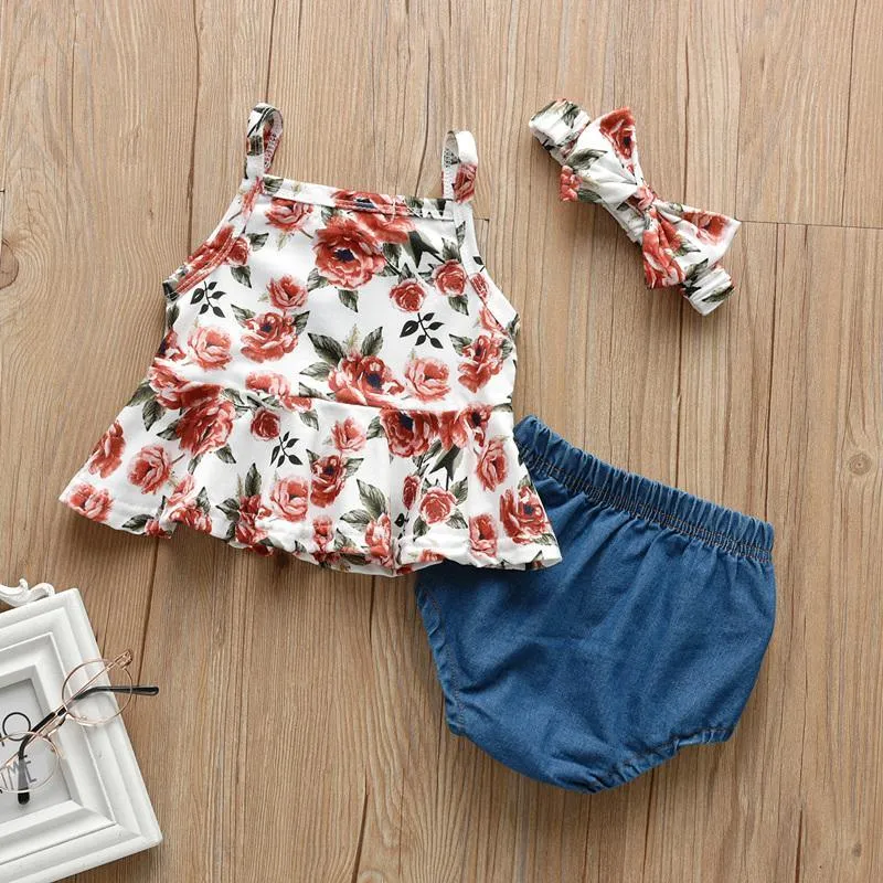 3-piece Floral Printed Dress & Shorts & Headband for Baby Girl Wholesale children's clothing