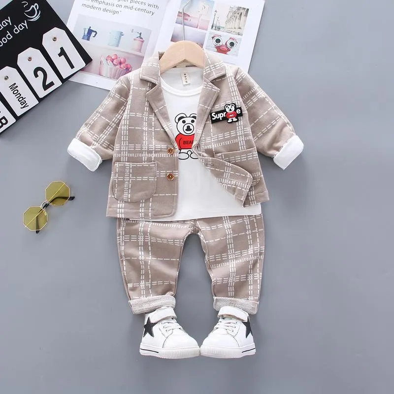 3-piece Plaid Coat & Sweatshirt & Plaid Pants for Children Boy