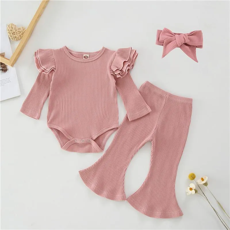 3-piece Solid Ruffle Bodysuit & Pants & Headband for Baby Girl Wholesale children's clothing