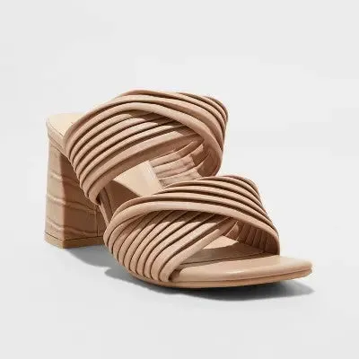 A New Day Women's Chunky Block High Heel Slip On Mules Sandals Embossed Striped