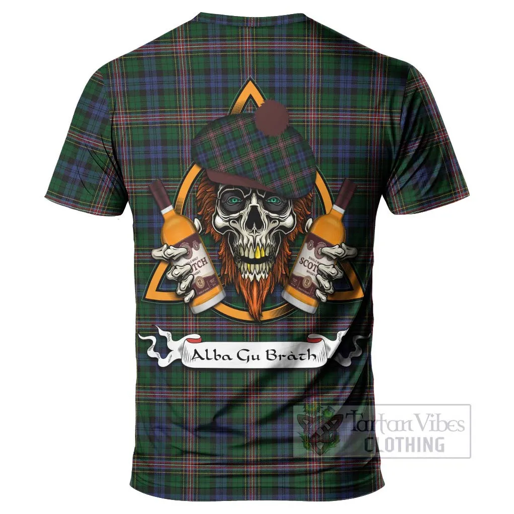 Allison Tartan T-Shirt with Family Crest and Bearded Skull Holding Bottles of Whiskey