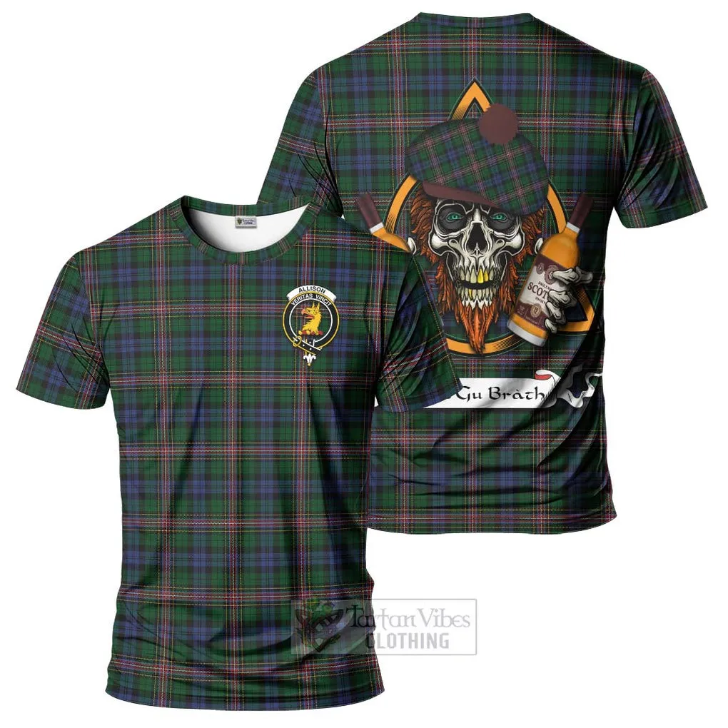 Allison Tartan T-Shirt with Family Crest and Bearded Skull Holding Bottles of Whiskey