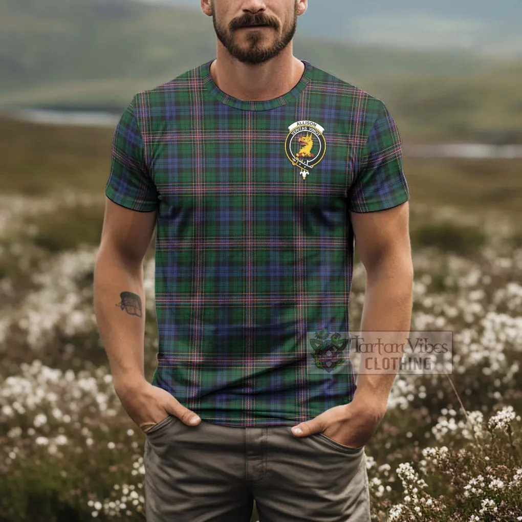 Allison Tartan T-Shirt with Family Crest and Bearded Skull Holding Bottles of Whiskey