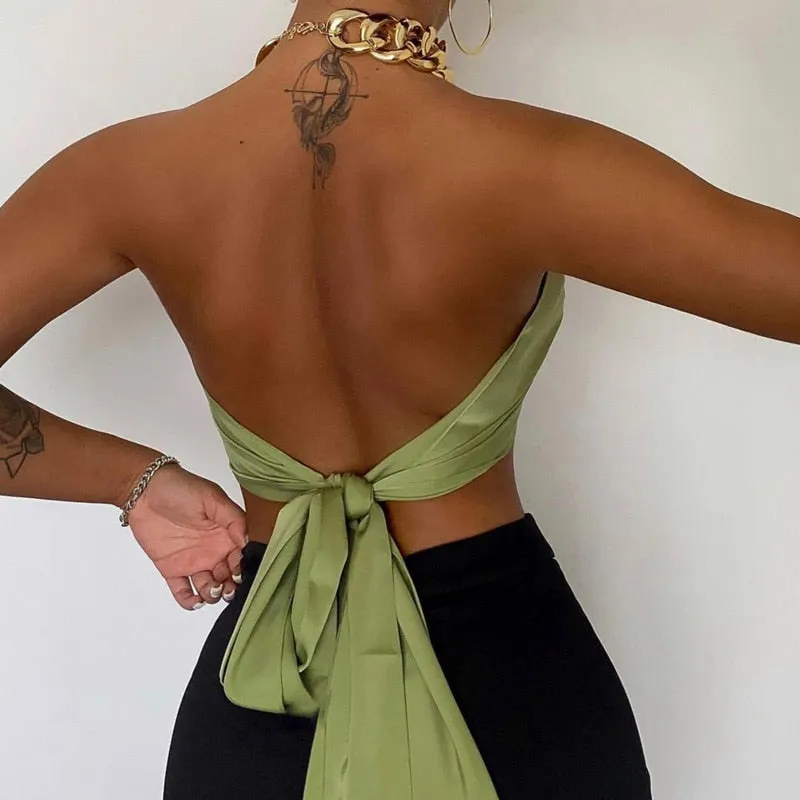 Amozae Chic Fashion Metal Chain Satin Halter Crop Tops For Women Sleeveless Backless Wrap Chest Cropped Top Basic Summer