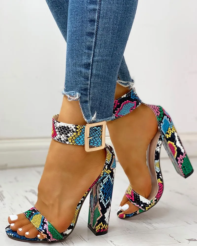 Amozae-Summer Women Shoes Snakeskin Ankle Buckled Sandals Chunky Heeled Sandals Open Toe Leopard Party Shoes