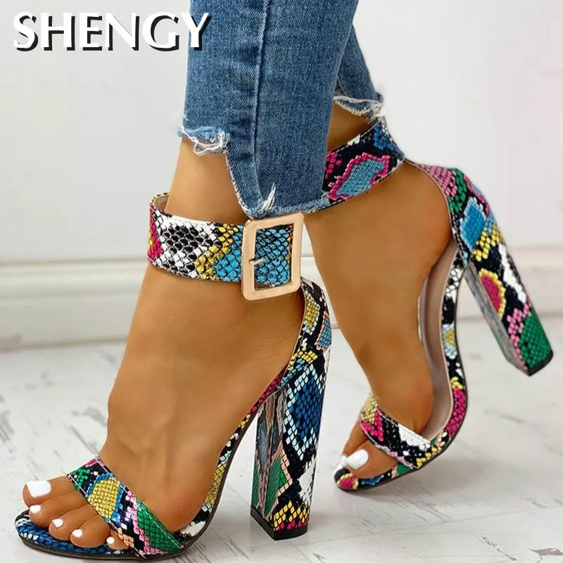 Amozae-Summer Women Shoes Snakeskin Ankle Buckled Sandals Chunky Heeled Sandals Open Toe Leopard Party Shoes