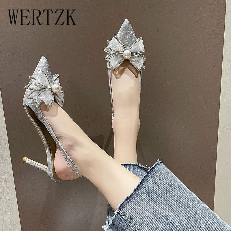 Amozae-WERTZK New Fashion Elegant Women Shoes Wedding Party Bowknot Slip-on Bow Thin Heel Pointed Toe Women Pumps