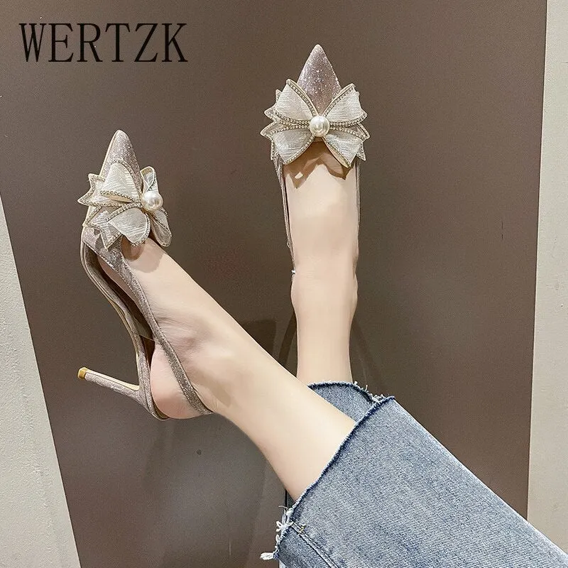 Amozae-WERTZK New Fashion Elegant Women Shoes Wedding Party Bowknot Slip-on Bow Thin Heel Pointed Toe Women Pumps