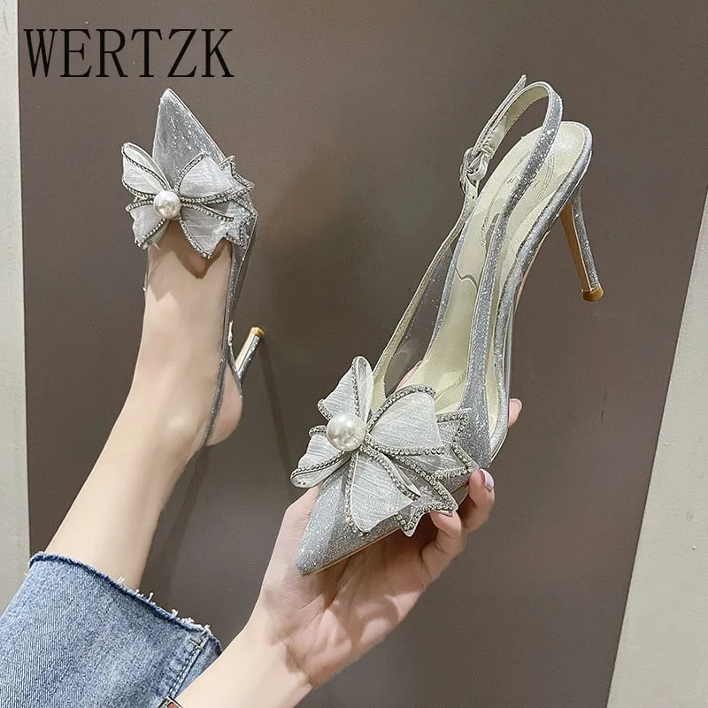 Amozae-WERTZK New Fashion Elegant Women Shoes Wedding Party Bowknot Slip-on Bow Thin Heel Pointed Toe Women Pumps