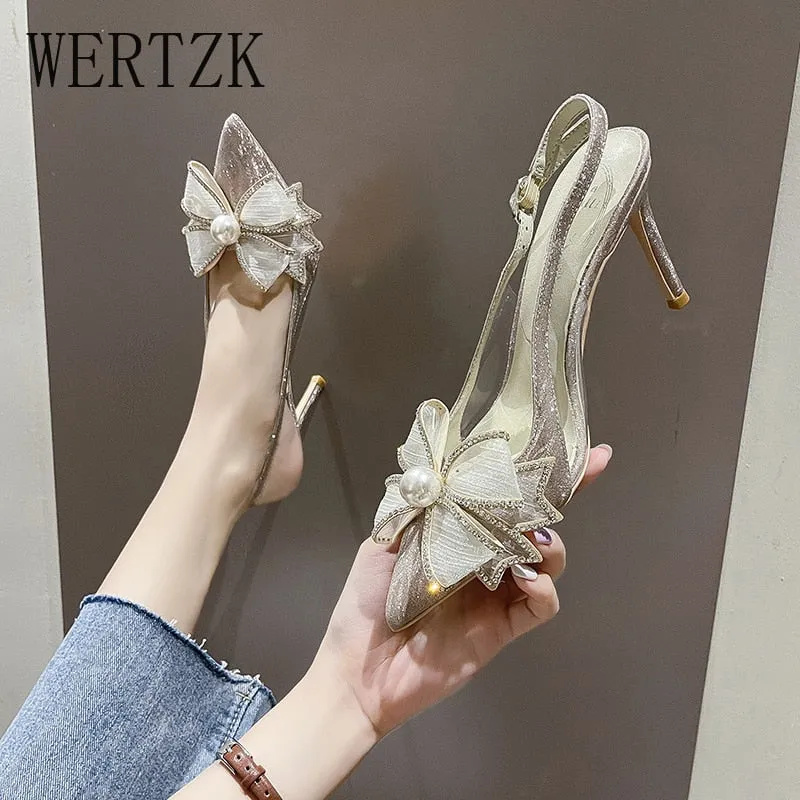 Amozae-WERTZK New Fashion Elegant Women Shoes Wedding Party Bowknot Slip-on Bow Thin Heel Pointed Toe Women Pumps