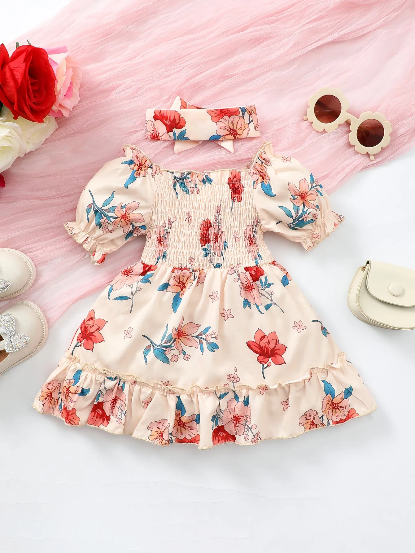 Baby Girl Floral Smocked Frill Trim Dress