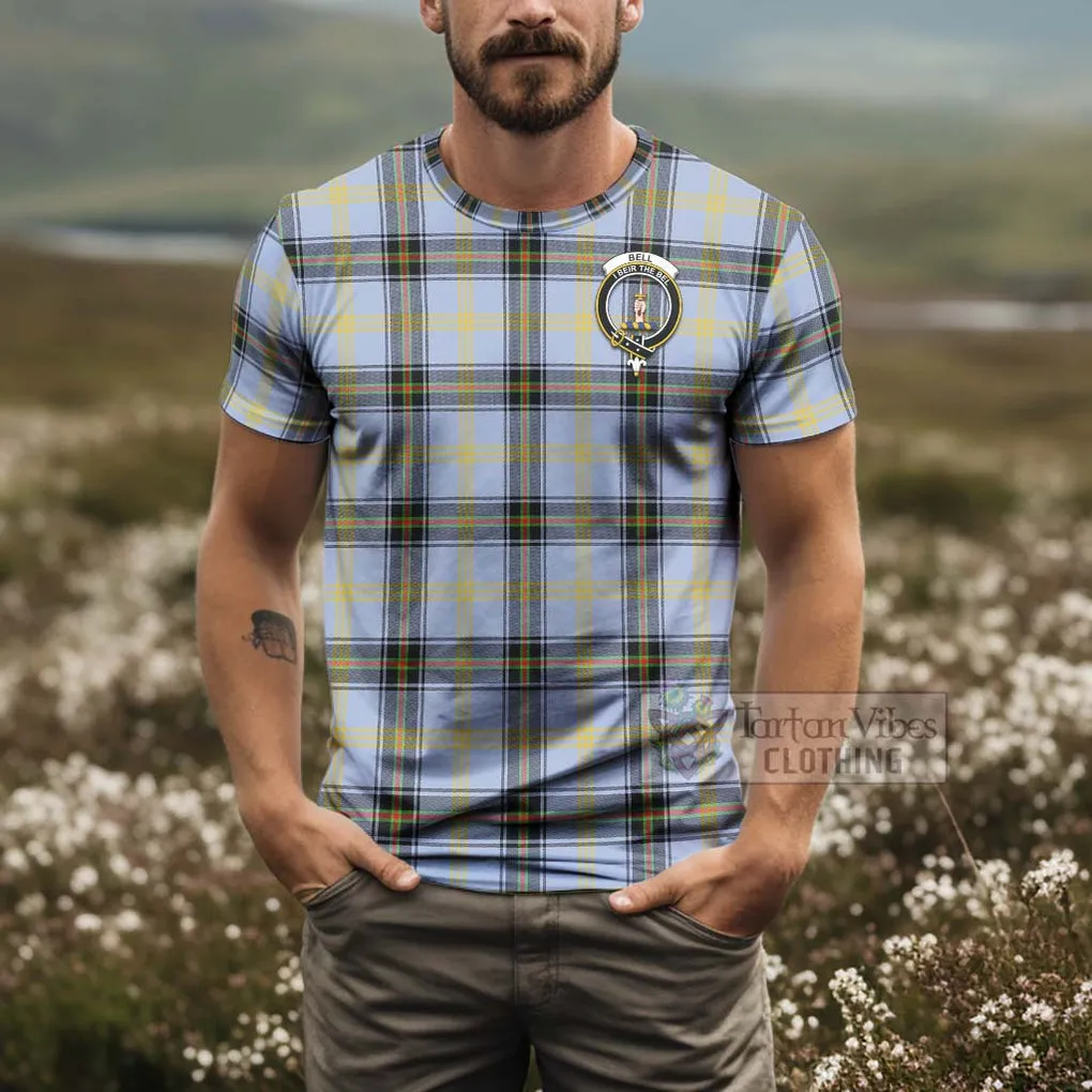 Bell Tartan T-Shirt with Family Crest and Bearded Skull Holding Bottles of Whiskey