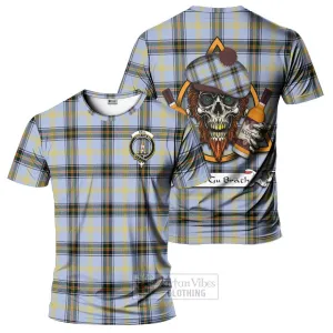 Bell Tartan T-Shirt with Family Crest and Bearded Skull Holding Bottles of Whiskey