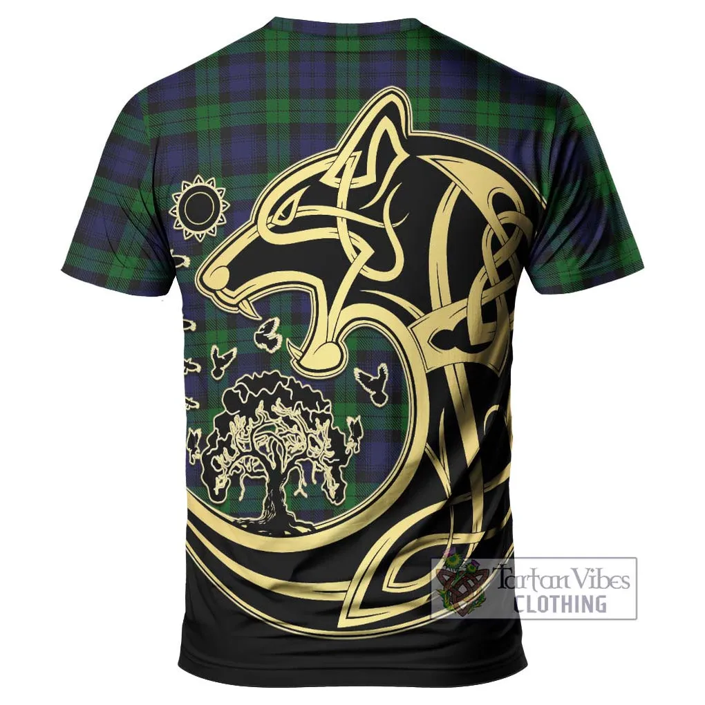 Black Watch Tartan T-Shirt with Family Crest Celtic Wolf Style