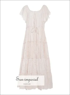 Boho Vintage Eyelet Long Dress for Women Ruffle Sleeve V-neck Summer Dress Cotton Hoilday Women