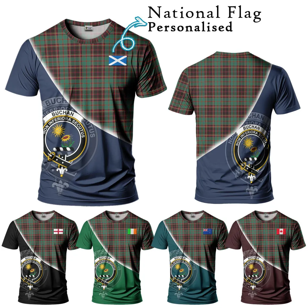 Buchan Ancient Tartan T-Shirt with Personalised National Flag and Family Crest Half Style