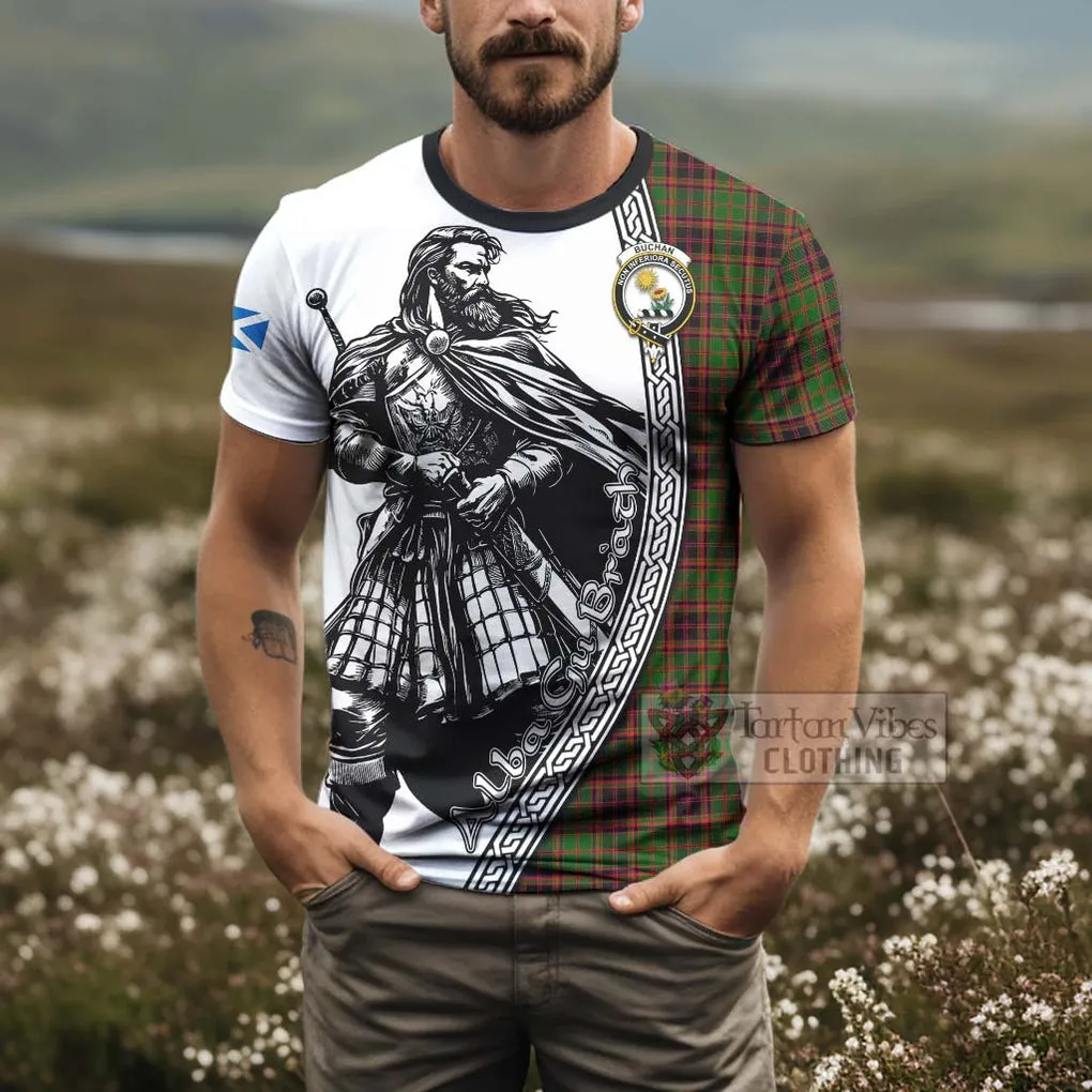 Buchan Tartan Clan Crest T-Shirt with Highlander Warrior Celtic Style