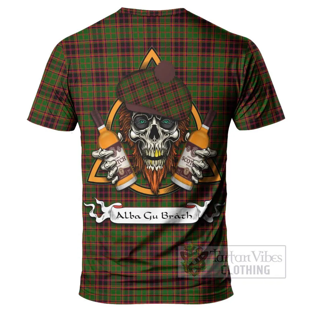 Buchan Tartan T-Shirt with Family Crest and Bearded Skull Holding Bottles of Whiskey