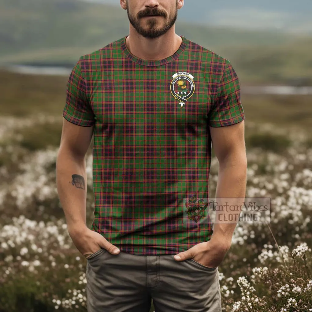 Buchan Tartan T-Shirt with Family Crest and Bearded Skull Holding Bottles of Whiskey