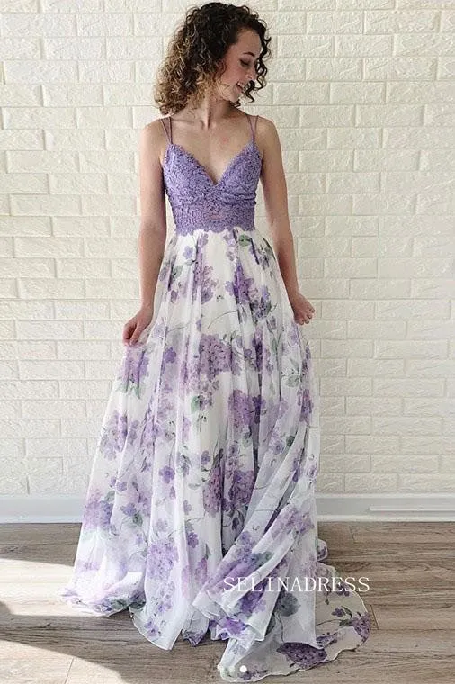 Chic Spaghetti Straps Lavender Lace Prom Dress Elegant Flower Party Dress #JKW003