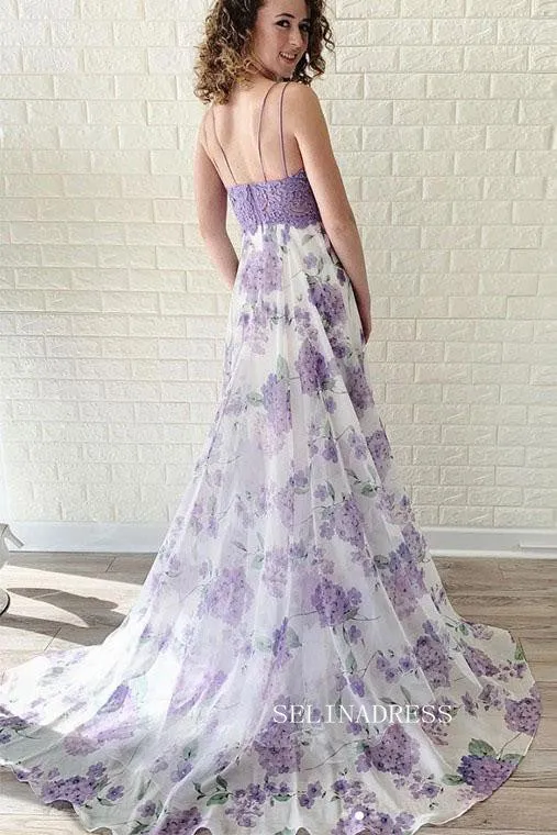 Chic Spaghetti Straps Lavender Lace Prom Dress Elegant Flower Party Dress #JKW003