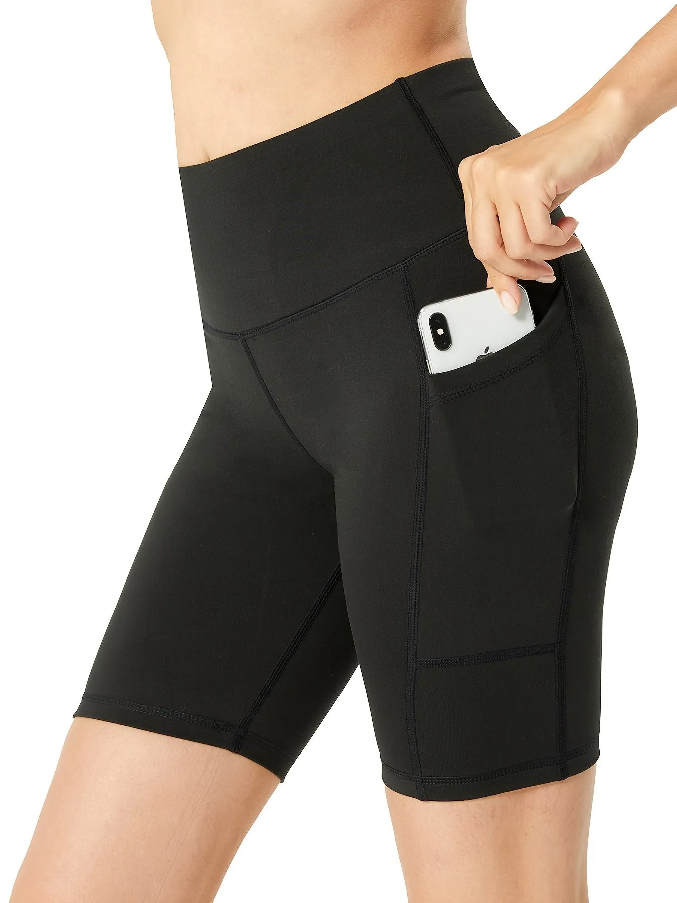 Classic High-waisted Side Pockets Stretchy Slim Fitted Yoga Biker Shorts