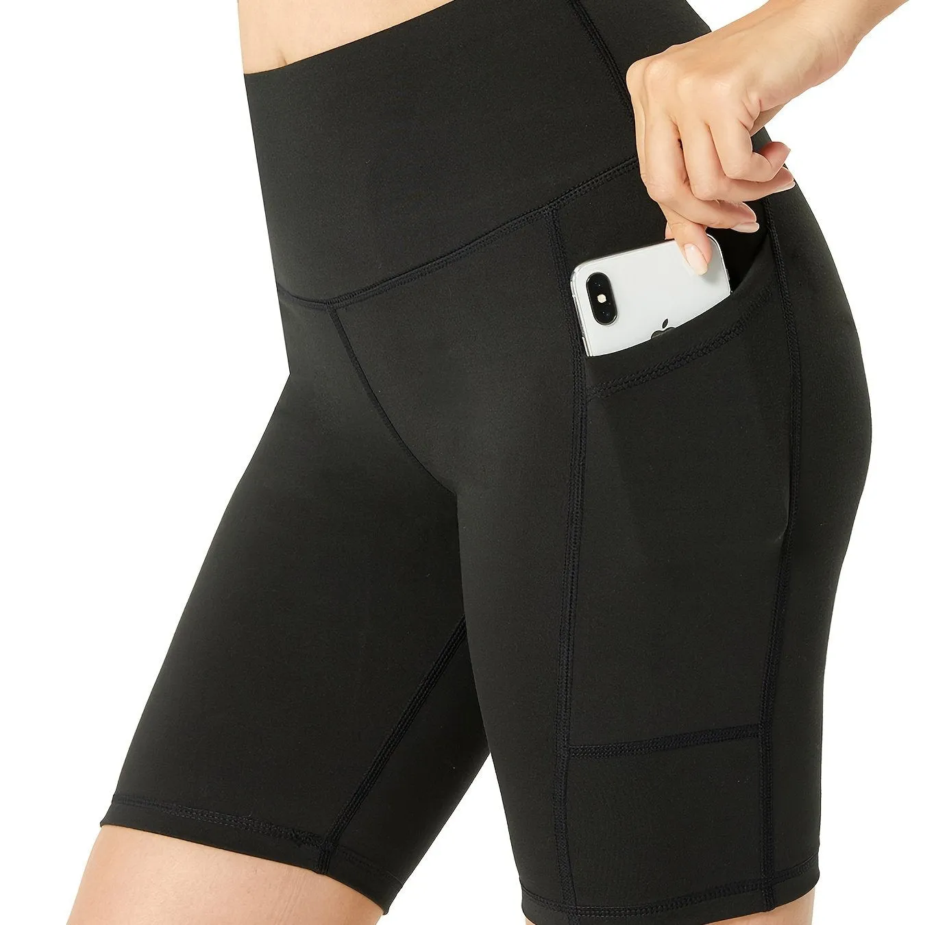 Classic High-waisted Side Pockets Stretchy Slim Fitted Yoga Biker Shorts