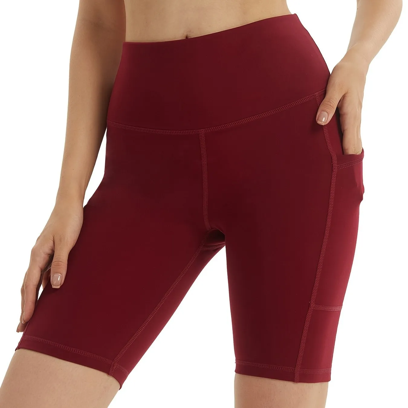 Classic High-waisted Side Pockets Stretchy Slim Fitted Yoga Biker Shorts