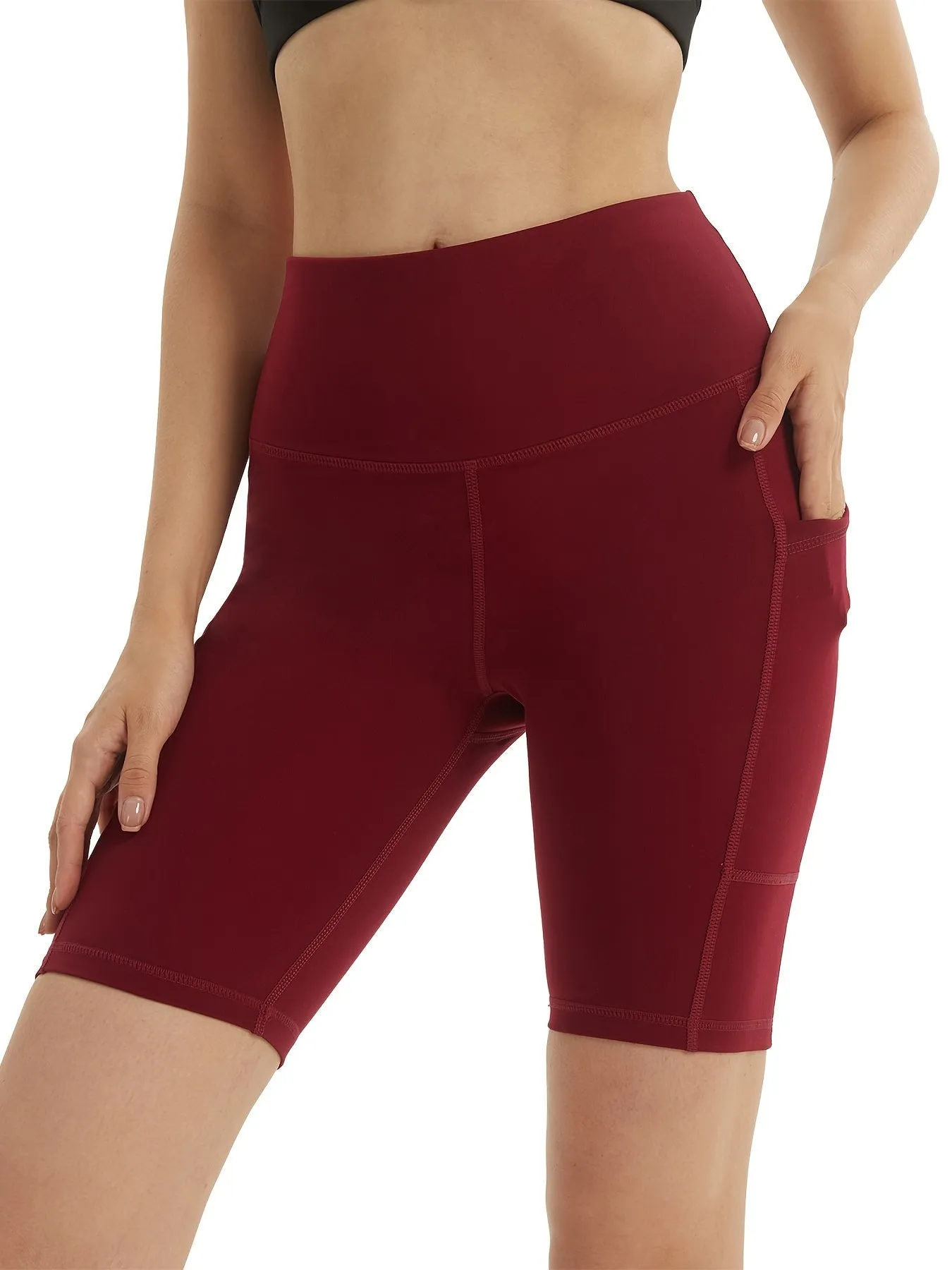 Classic High-waisted Side Pockets Stretchy Slim Fitted Yoga Biker Shorts