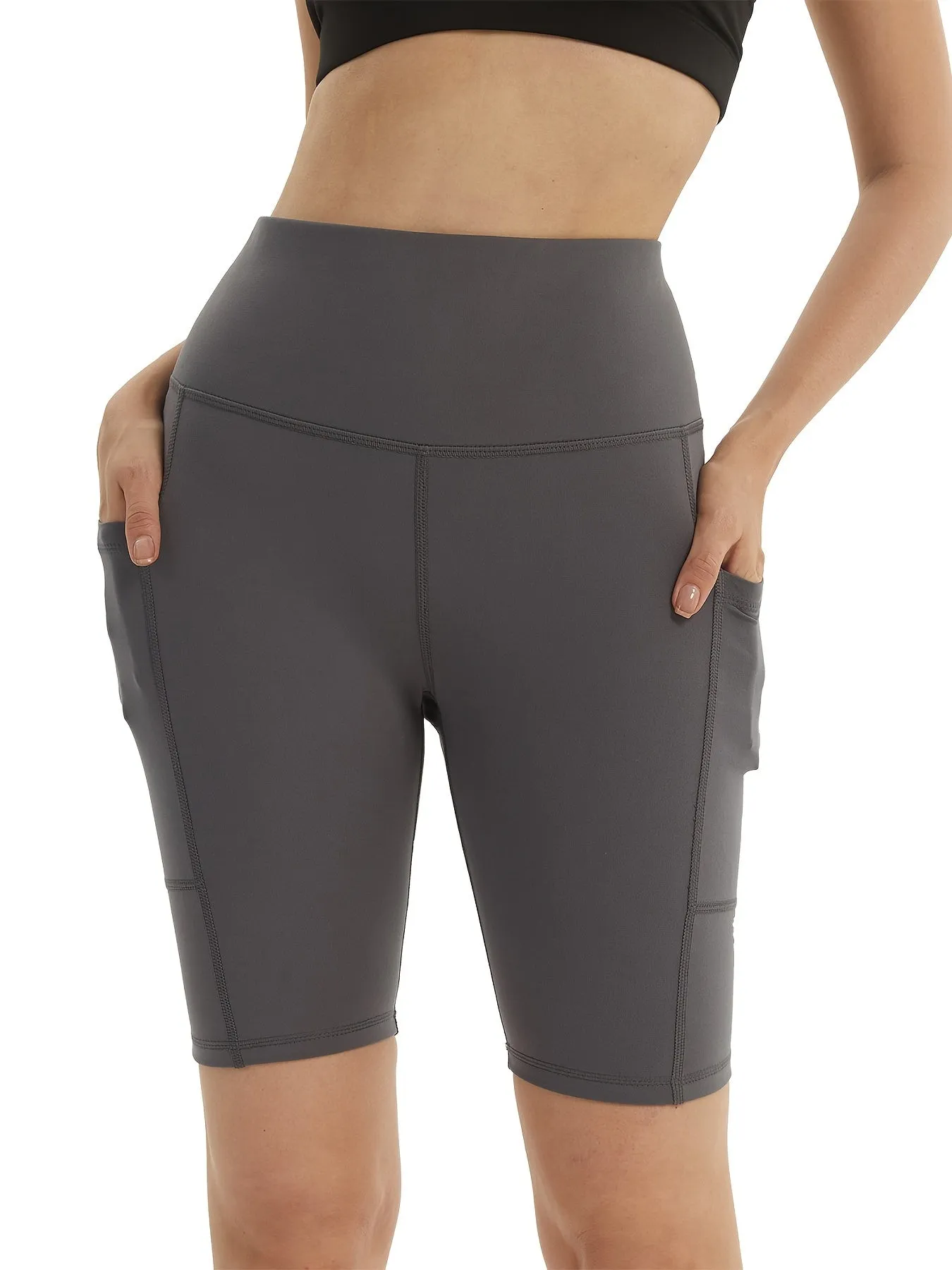 Classic High-waisted Side Pockets Stretchy Slim Fitted Yoga Biker Shorts