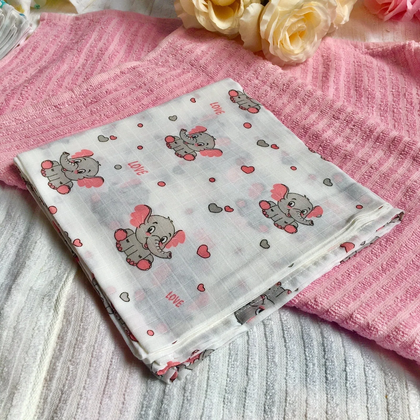 Cute Elephant Random Printed Muslin Cloth Baby Swaddle Blanket By MM - 1 Pc