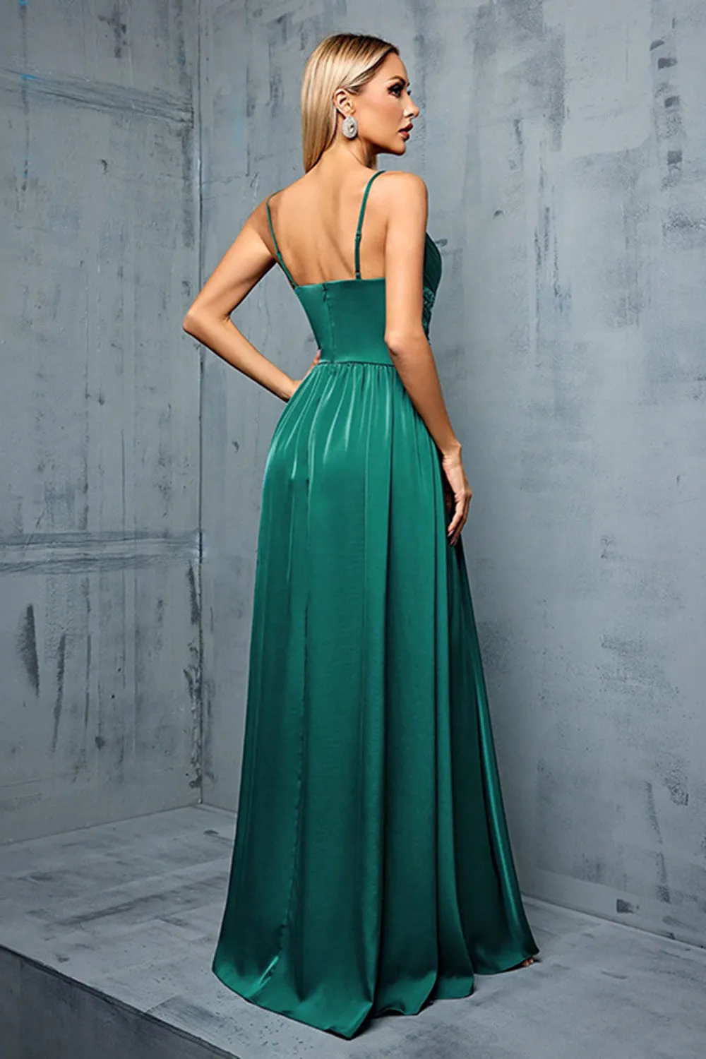 Dark Green Satin A Line V Neck Spaghetti Straps Maxi Dress with Slit