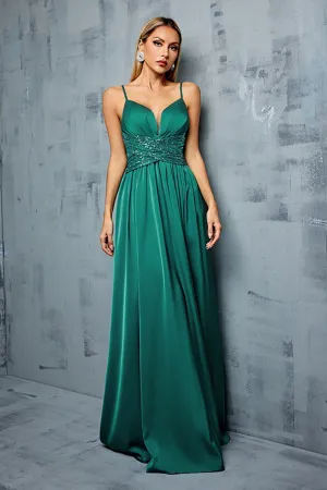 Dark Green Satin A Line V Neck Spaghetti Straps Maxi Dress with Slit