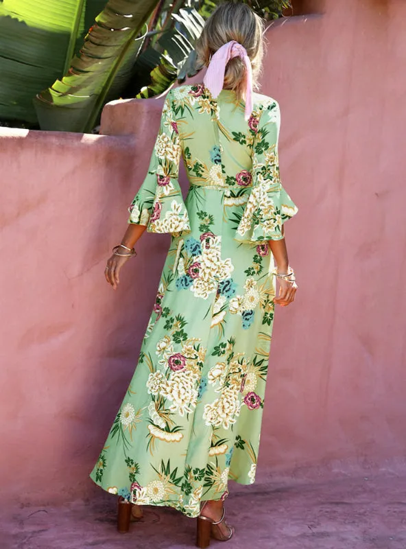 Floral Print Summer Maxi Dress Women Vintage V Neck