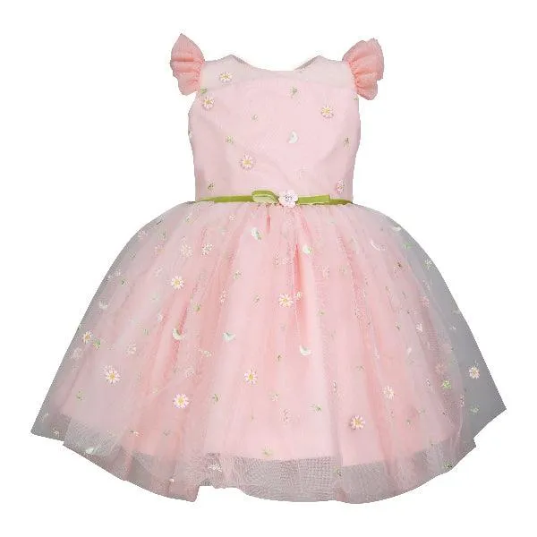 GIRLS PINK FLOWERY TULLE BALL DRESS