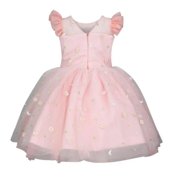 GIRLS PINK FLOWERY TULLE BALL DRESS