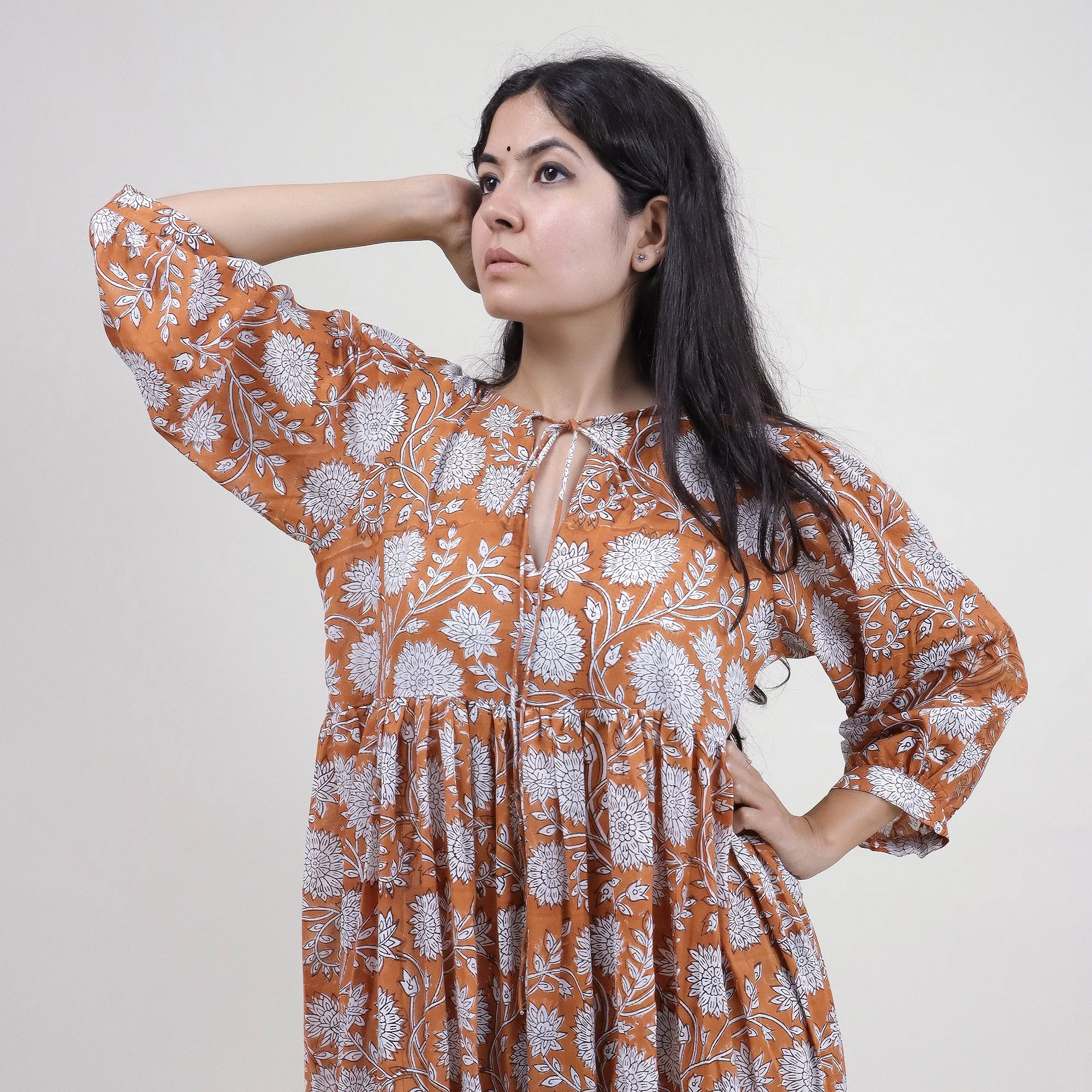 Hand Block Floral Printed Soft Cotton Modern Dress For Women