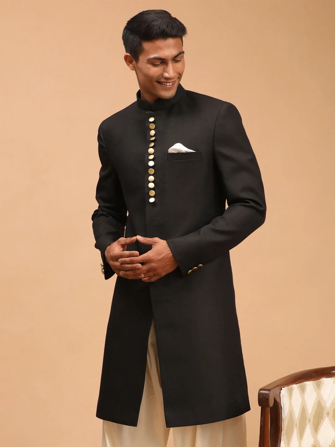 Jashvi Men's Black Sherwani Top