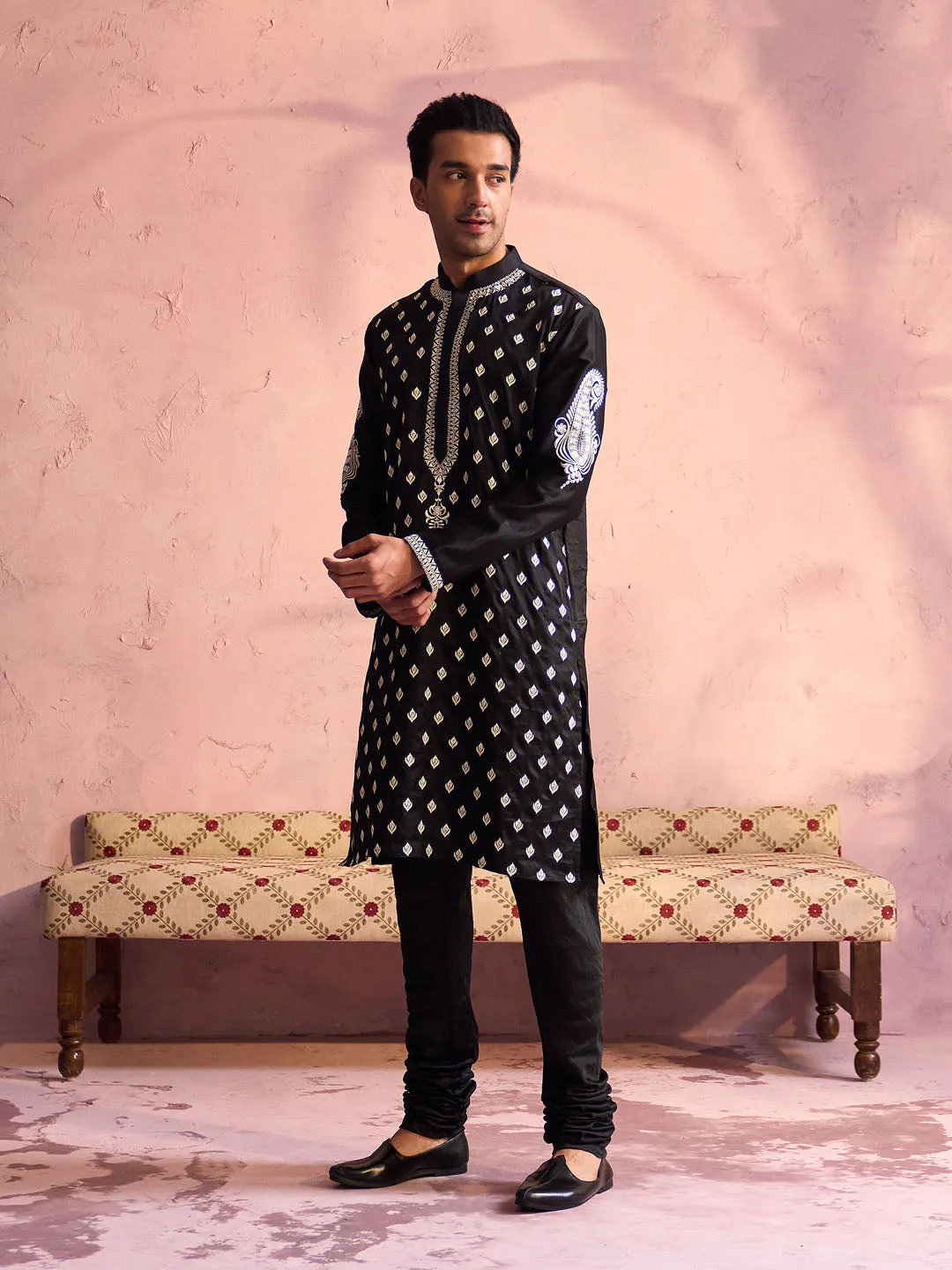 Jashvi Men's Black Silk Embroidered Ethnic Kurta Pyjama Set