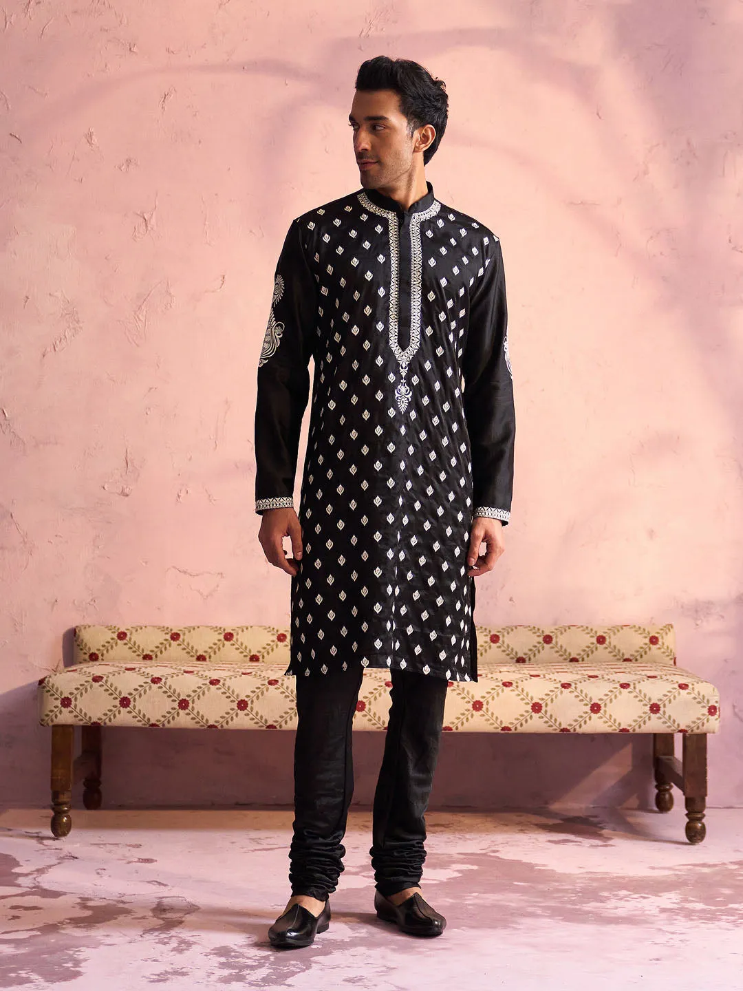 Jashvi Men's Black Silk Embroidered Ethnic Kurta Pyjama Set