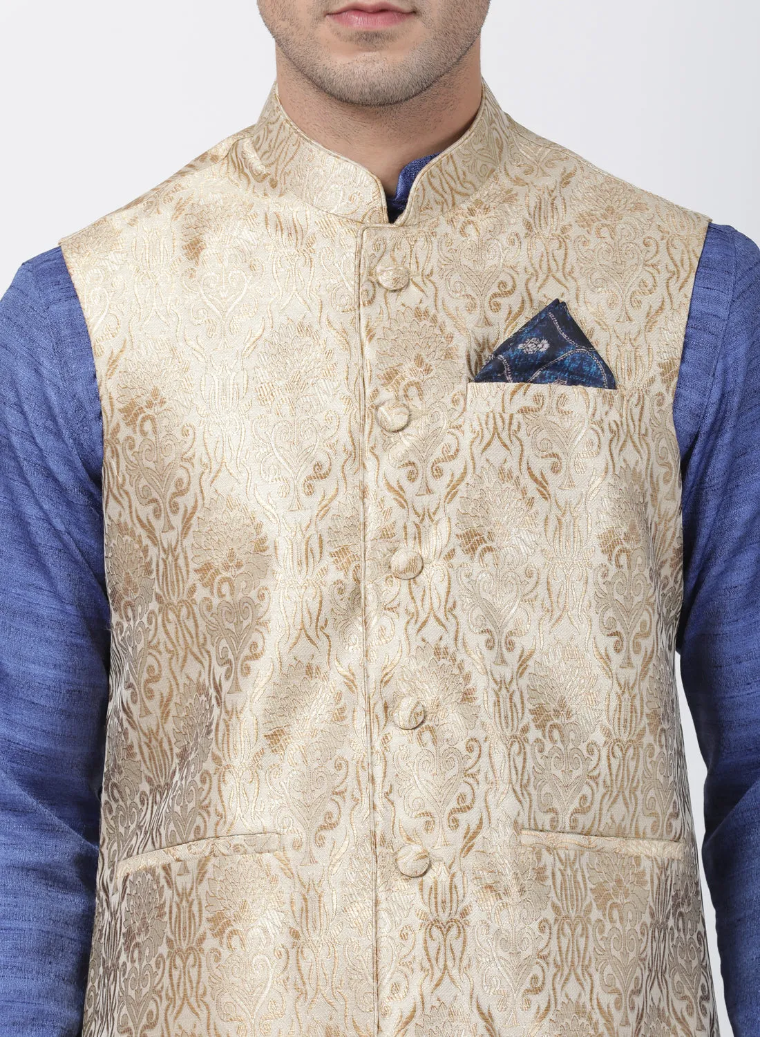 Jashvi Men's Blue Cotton Silk Blend Kurta, Nehru Jacket and Pyjama Set