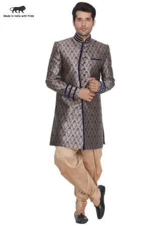 Jashvi Men's Blue Cotton Silk Blend Sherwani Set