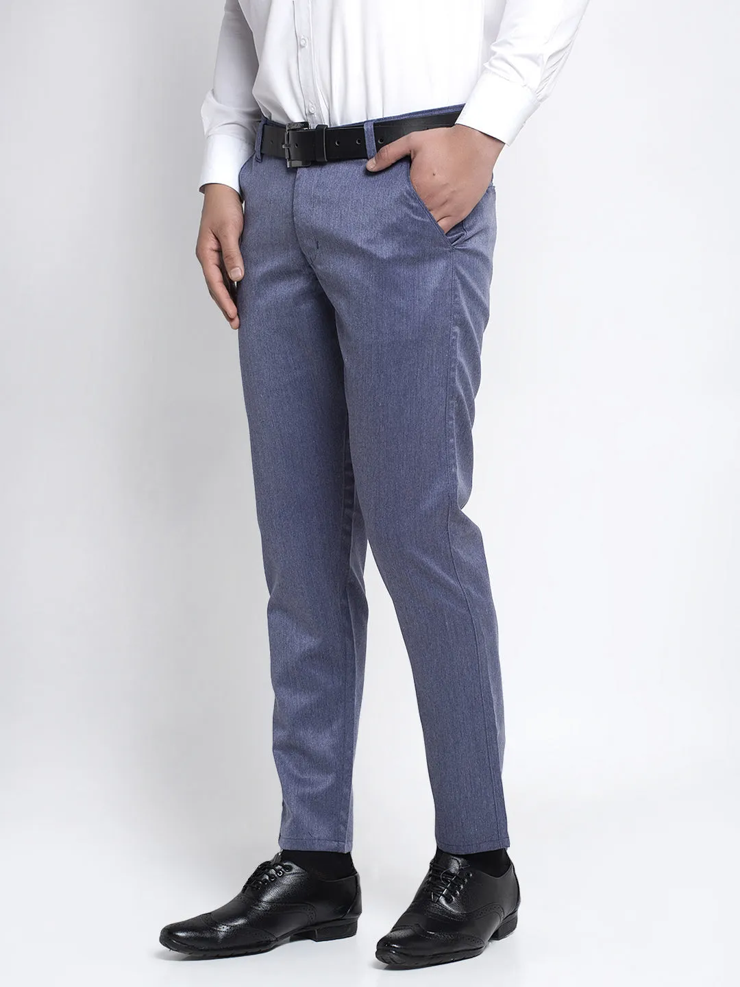 Jashvi Men's Blue Cotton Solid Formal Trousers