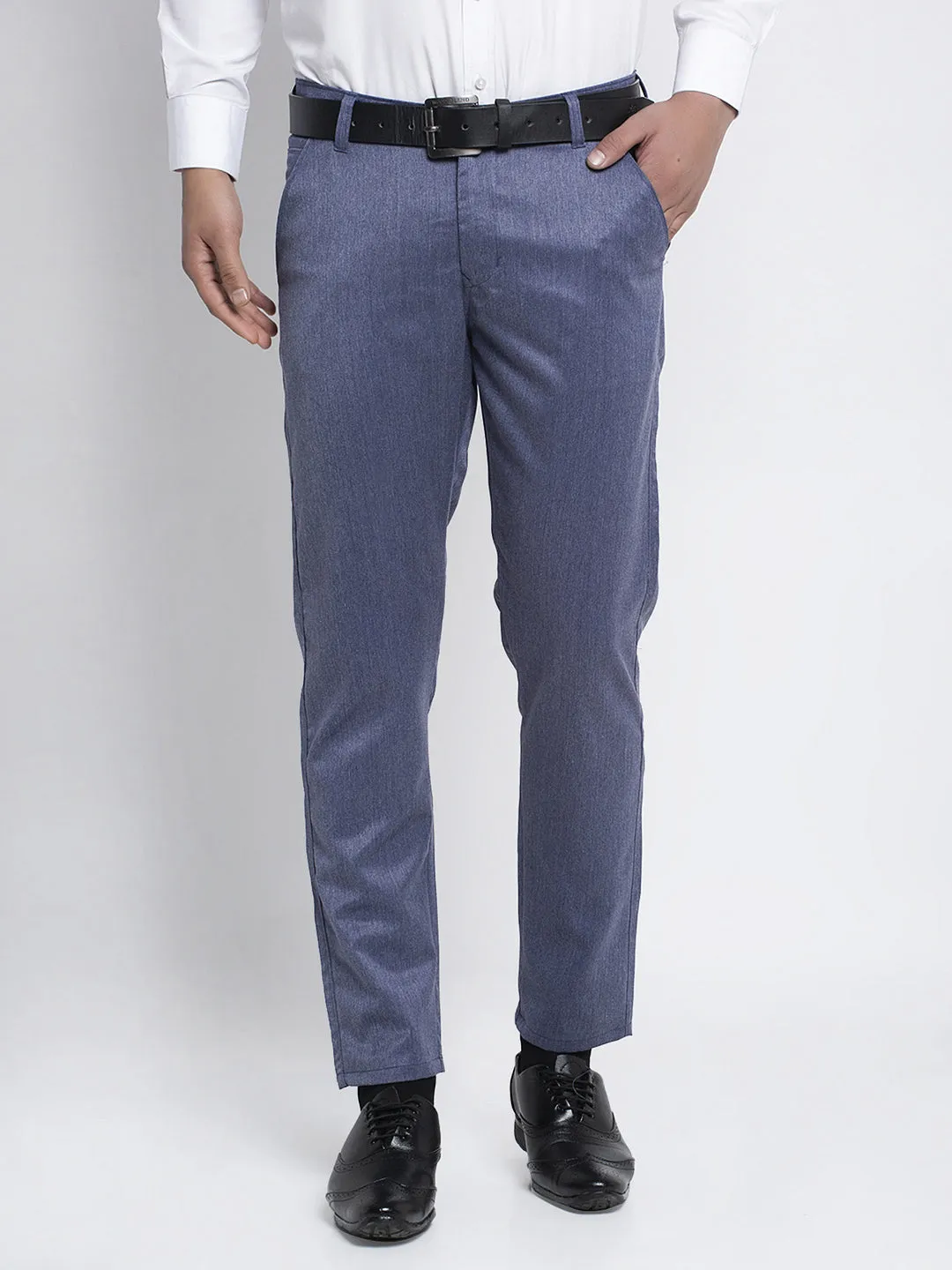 Jashvi Men's Blue Cotton Solid Formal Trousers