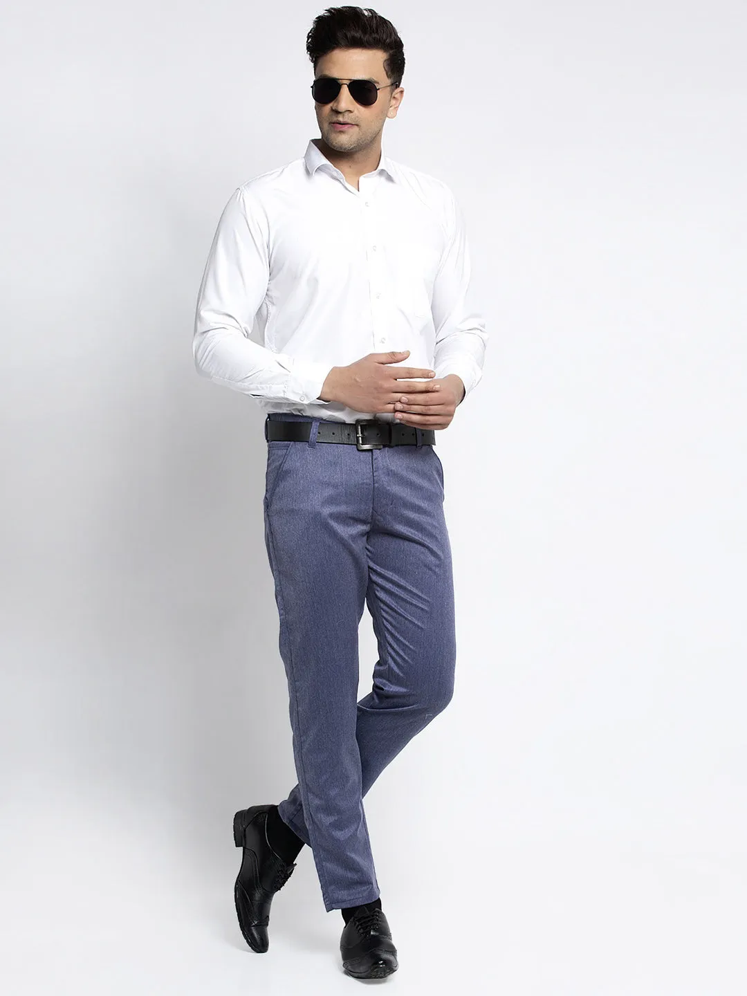 Jashvi Men's Blue Cotton Solid Formal Trousers