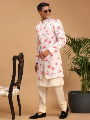 Jashvi Men's Multicolor Base Peach Silk Blend Sherwani With Kurta Pyjama Set