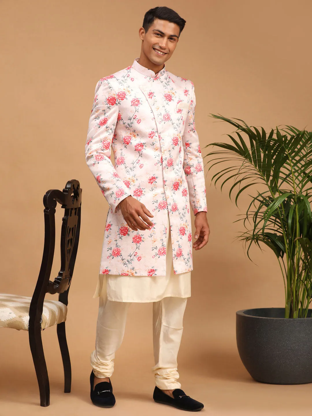 Jashvi Men's Multicolor Base Peach Silk Blend Sherwani With Kurta Pyjama Set